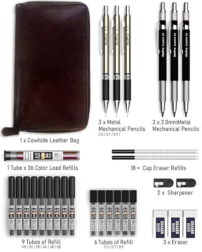 Nicpro 30 Stück Kunst Druckbleistifte Set mit Ledertasche, Metall Bleistifte 0,5, 0,7, 0,9, 2 mm mit 16 Tuben (6B 4B 2B HB 2H 4H CR) Minen (Schwarz und Farben), Zeichenstifte für Skizzieren, Zeichnen thumbnail 5
