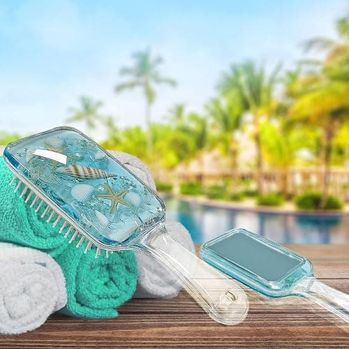 FONMY Detangling Hair Brush w/Nature Seashell,Seascape Designed Arcrylic Paddle Hairbrush Glide Through Tangles With Ease For All Hair Types - For Women, Men, Kids,Wet & Dry Hair,Sea-Blue Home Decor. thumbnail 5