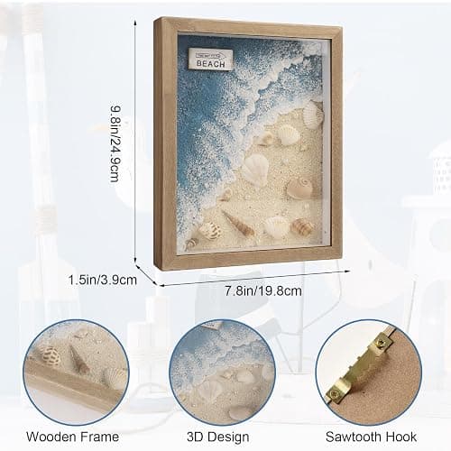 pechpell Beach Wall Decor With 3D Seashell Conch Waves, Teal Blue Coastal Themed Room Beach House Sign Table Shelf Wall Art, Beachy Aesthetic Nautical Bathroom Bedroom Decorations For Home thumbnail 3