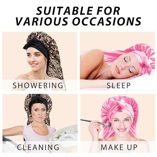 2Pcs Bonnets for Women Sleeping Braid Bonnet, Large Long Satin Silk Bonnet for Braids, Black Women Braid Bonnets with Stretchy Tie Band for Sleeping Extra Long (Pink & Leopard) thumbnail 8