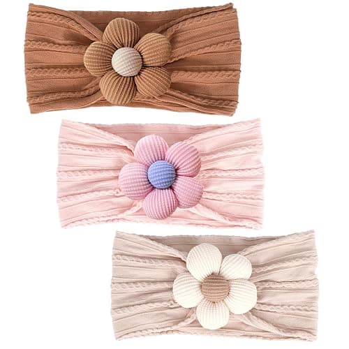 MIUXUESO 3 Pcs Baby Flower Headbands Baby Girls Nylon Headband Soft Hairbands Hair Accessories for Newborn Infant Toddler Kids (Beige,Pink,Brown) - Image 1