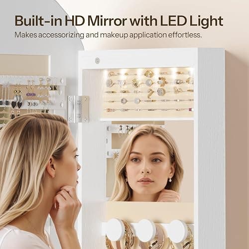 HOOBRO LED Mirror Jewelry Cabinet, Wall/Door Mounted Jewelry Organizer, Jewelry Aromire with Wavy Mirror Full Length, Lockable Jewelry Storage Cabinet, Interior Mirror, 16.5" x 4.1" x 43.3", White thumbnail 7