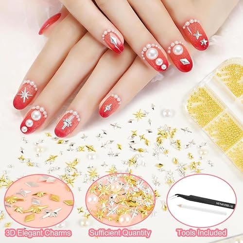 NEBURORA Gold and Silver Caviar Nail Art Beads Pearls Metal Nail Art Set | Flat-Back Pearls (White + Beige) , Multi-Shape Metal Nail Art Gemstone Set, with Tweezers and Pickup Pen, Mixed Sizes 0.6-2mm thumbnail 4