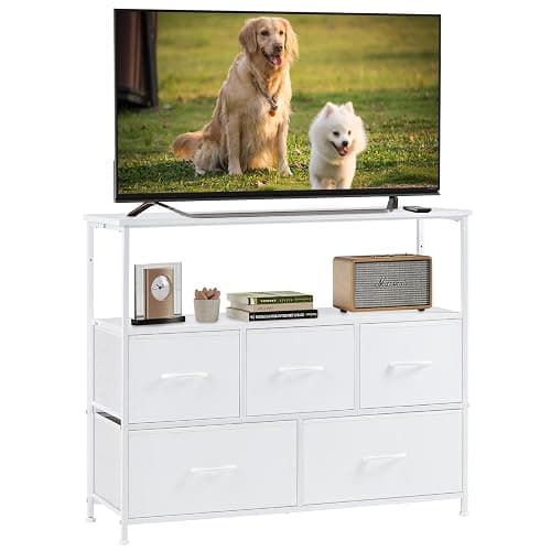 DUMOS TV Stand Dresser with 5 Fabric Storage Drawers, Media Console Featuring Open Shelf for 45 inch TV, Compact Entertainment Unit for Bedroom, Living Space, or Dorm Organization, White - Image 1