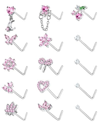 BSJ4U Nose Rings L Shaped for Women Nose Piercings 20G Surgical Stainless Steel Gold Plated Nose Studs Pink Red CZ Heart Butterfly Flower Cherry Bow Moon Dangle Nose Piercing Jewelry - Image 1