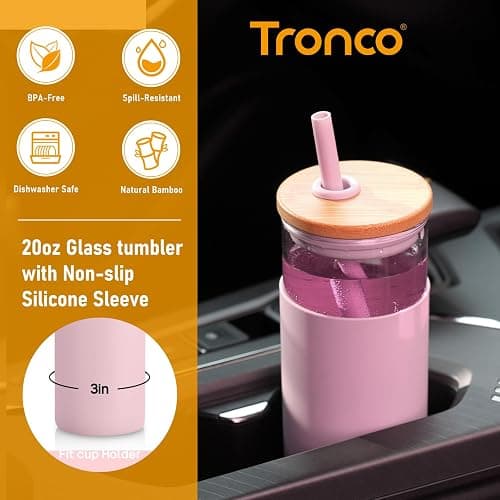 Tronco 20 oz Glass Tumbler with Lids and Straws, Reusable Iced Coffee Cups | Borosilicate Glass Cups with Bamboo Lid, Silicone Sleeve, Dishwasher Safe, Cup Holder Friendly, BPA-Free, Iced Coffee Tumbler thumbnail 4