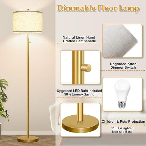 Nintiue 【Upgraded】 Dimmable Floor Lamp for Living Room, 11W LED Bulb Included, Modern Standing Lamp, Tall Pole Light with Linen Shade for Bedroom Reading Office Corner Nursery-Gold thumbnail 4