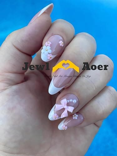 Jewl Aoer Press on Nails Short Almond Pink Artificial Fake Nails 3D Bow Tie Flower Stick On Nail with French Tip Acrylic Reusable Press Ons False Nails Kit for Women Girls-24pcs thumbnail 2