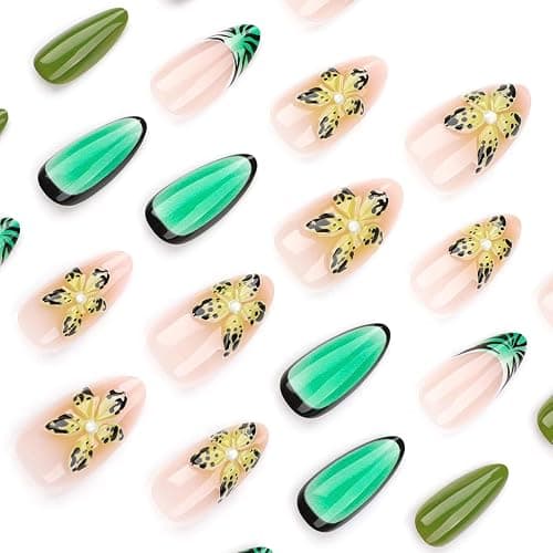 QQPPOLIU Press on Nails Almond Shape Fake Nails with Flower Design Full Cover Nails Medium Length Fall Nails for Holiday Gift thumbnail 4