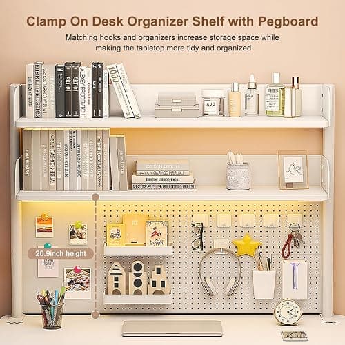 OXBZKMY Clamp on Desk Shelf with Pegboard, Desktop Organization Bookshelf Storage Shelves for Home Office Dorm Gaming Desk, Space Saving Tabletop Display Rack thumbnail 3