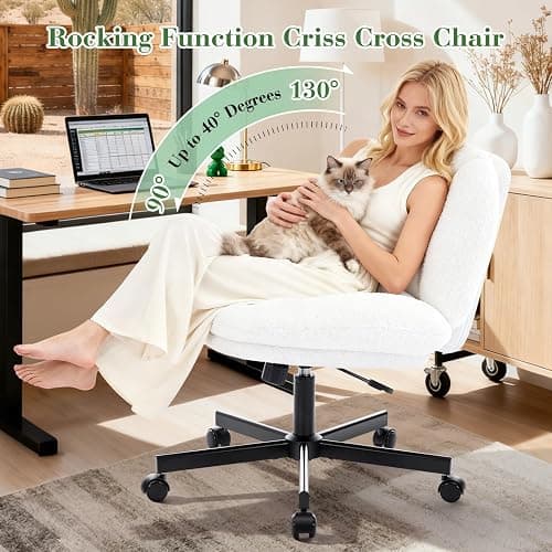 shipborne Cross Legged Office Chair, Thick Cushioned Criss Cross Chair with Wheels, Wide Seat Armless Office Chair, Height Adjustable Swivel Vanity Chair for Home and Office, White thumbnail 4