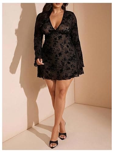 WDIRARA Women's Plus Size Floral Mini Dress Mesh Goth A Line Dresses | V Neck，Long Sleeve thumbnail 5