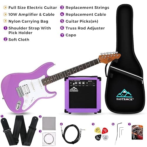 EASTROCK Electric Guitar 39" Full Size Solid Body Electric Guitar Kit for Beginner Girls & Adults with 10w Amp, Bag, Capo, Shoulder Strap, String, Cable, Picks, (Right-Handed, Purple) thumbnail 2