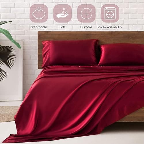 MR&HM Satin Bed Sheets, Queen Size Sheets Set, 4 Pcs Silky Bedding Set with 15 Inches Deep Pocket for Mattress (Queen, Burgundy) thumbnail 6