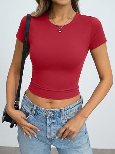 Eachyes Womens Short Sleeve Crop Tops Slim Fitted Crewneck Baby Tee | Buttery-soft & High-stretch Fabric, Summer Basic T Shirts, Y2k Casual, Going Out&Daily Wear, Layer or Wearing Alone, Workout thumbnail 3