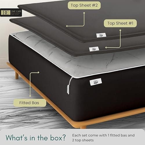 Zipper Fitted Sheet Twin XL Zip On Sheets 39x80 Inch Zip Sheets Easy Change 1 Base + 2 Zipper Sheet, Won’t Pop Off Sheet, 500TC Cotton Blend Satin Finish, 18” Deep Pocket - Charcoal Grey, Twin XL thumbnail 6