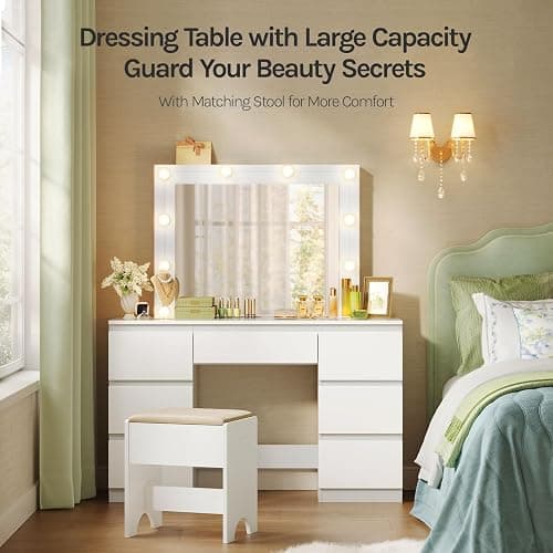WOLTU Dressing Table with LED Bulb Lights, Adjustable Brightness, Vanity Table Makeup Desk with Large Mirror and 7 Drawers, 107 x 140.5 x 39.5 cm, White Bedroom Dresser, MB6099ws thumbnail 3