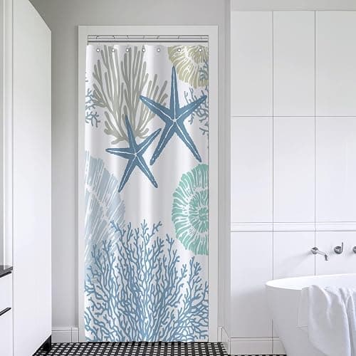 Tritard Small Stall Shower Curtain 36x72 Half Size - Nautical Coastal Waterproof Fabric Shower Curtains for Bathroom, Starfish Seashell Beach Themed RV Camper Narrow Bath Curtain with 7 Hooks, Blue thumbnail 3