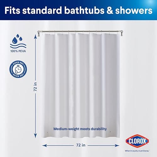 Clorox Shower Curtain Liner, Premium Medium-Weight Durable Waterproof 6g PEVA for Bathroom with Weighted Magnets, Standard Size 72" x 72", Frosty 1 Pack thumbnail 2