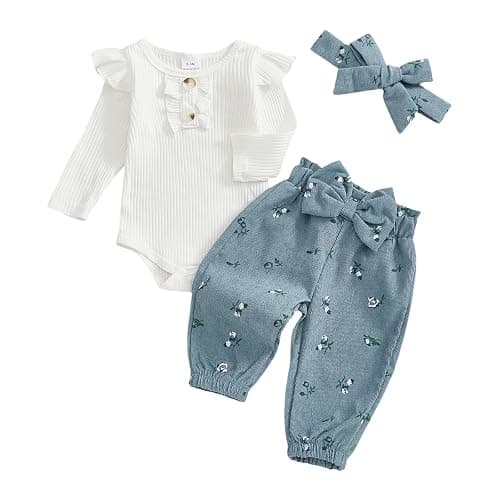 YINGISFITM Newborn Baby Girl Clothes Daddys Girls Outfits Pants Sets 3pcs | Baby Girl Fall Outfit,Daddys Girl Baby Outfits,Long Sleeve Romper + Bow Pants + Headband,Newborn Girl Coming Home Outfit - Image 1