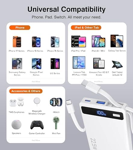 Power Bank with 2 Built-in Cables 10000mAh, 22.5W PD Slim Portable Charger USB C Battery Pack, Travel Essentials Fast Charging Powerbank Compatible with iPhone 17 16 Plus Pro Galaxy iPad White(1 Pack) thumbnail 5