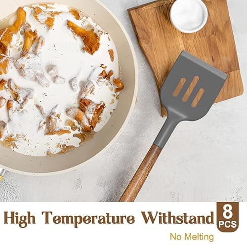 Non-Stick Silicone Kitchen Utensils Set with Natural Acacia Hard Wood Handle, Umite Chef 8 Pieces Kitchen Spatulas set, White, BPA Free, Baking, Serving and Cooking Utensils - White thumbnail 4