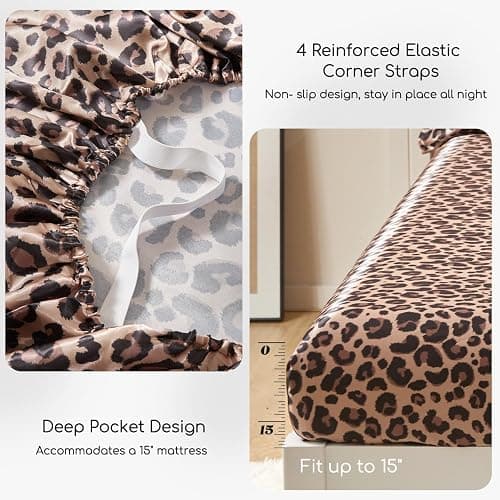 MR&HM Satin Sheets Full Size with Elastic Corner Straps, Brown Leopard | Similar to Silk, 4-Piece Silky Soft Bed Sheet Set, Gentle on Skin and Hair, 15" Deep Pocket, Cooling & Breathable thumbnail 4