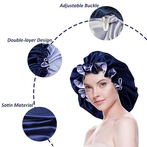 Beutyme Silk Bonnet for Sleeping Satin Bonnets Double Layer Reversible Hair Cap Bonnet for Women Long Curly Braid Hair (Navy) thumbnail 3