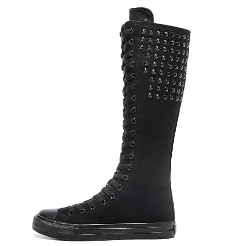 Momuk Long Rivet Knee High Canvas Boots Punk Style for Women & Girls thumbnail 3