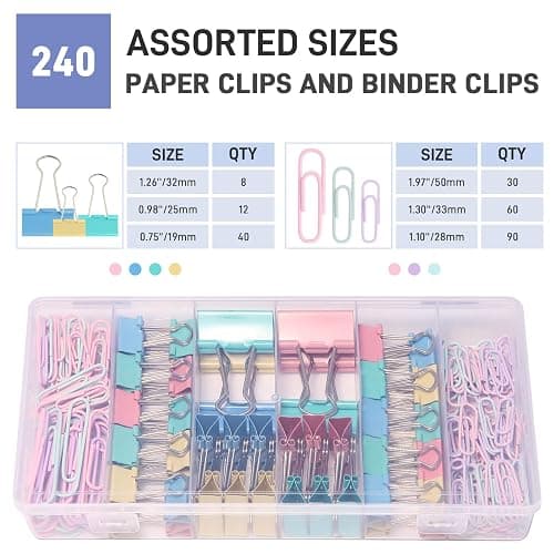 240PCS Colored Assorted Size Paper Clips and Binder Clips, Paperclips Large Medium Small, Binder Clip and Paper Clip Set for Home, School, and Office Supplies in a Container with Compartments thumbnail 3