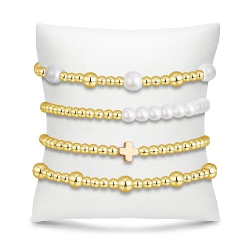 BOMAIL Gold Beaded Bracelets for Women Trendy Non Tarnish Gold Bracelet Stack 14K Gold Plated Pearl Bead Bracelets Cross Bracelets Set Stackable Stretch Beads Bracelet thumbnail 8