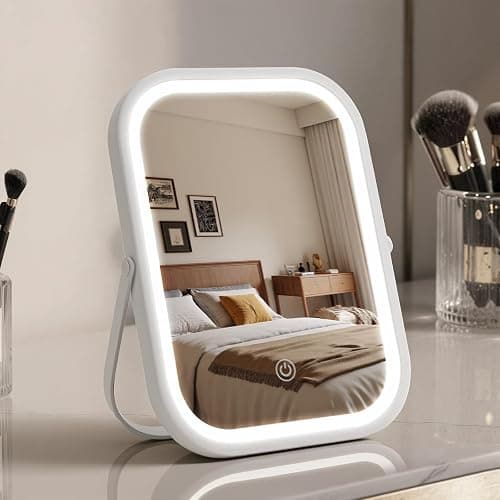 Rechargeable Travel Makeup Mirror, 8"×6" Small Vanity Mirror with Lights, 1500mAH Battery, 3-Color Lighting, Dimmable, 360° Rotation, Portable Desk Mirror with Storage Pouch, Travel Essentials (White) - Image 1