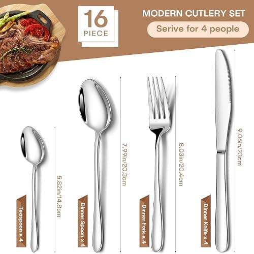 Cutlery Set, NINIROR 16 Piece Food-Grade Stainless Steel Flatware Silverware Set for 4 People Include Spoon Knife and Fork Sets Mirror Polished Dishwasher Safe for Home Kitchen Restaurant thumbnail 3