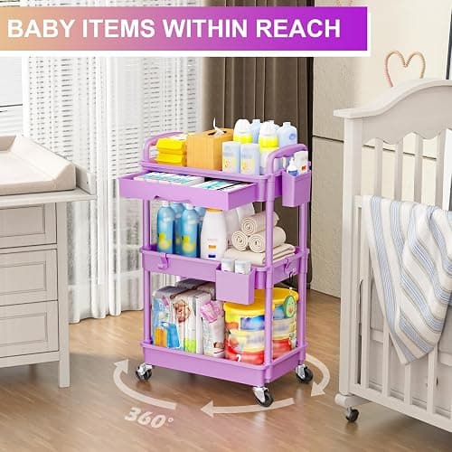 Goovilla 3 Tier Rolling Utility Cart Organizer with Removable Drawer, Stable and Sturdy Purple Rolling Storage Carts with 2 Lockable Wheels for Bathroom, Kitchen, Snack, Craft, Makeup, Baby Essentials thumbnail 6