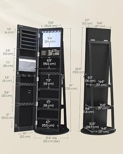 SONGMICS LED Jewelry Cabinet Standing, Lockable Armoire With Full-Length Mirror and Adjustable Lights, Space-Saving Organizer, Christmas Gifts for Women, Gift Idea, Ink Black UJJC008B01 thumbnail 2