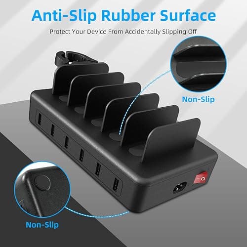 Charging Station for Multiple Devices, CREATIVE DESIGN 50W 6 Ports USB Charger Station with Apple Watch Holder & 6 Cables, Charging Dock for iPad Cellphone Kindle Tablet and Other Electronic (Black) thumbnail 5
