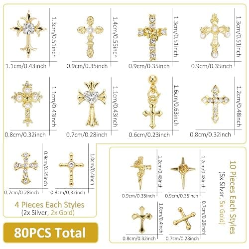 80Pcs Cross Nail Charms Gold Silver Y2k Nail Art Rhinestones Gems | Shiny Nail Jewelry Acrylic Nail Accessories for Women DIY Manicure Decorations thumbnail 3