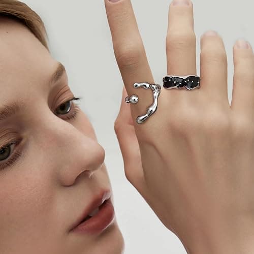 Drperfect 13 PCS Y2k Rings For Women Vintage Irregular Rings for Women Men Chunky Adjustable Rings Gothic Goth Open Moonstone Butterfly Star Pink Heart Cool Statement Ring Aesthetic Accessories Ring Set thumbnail 5