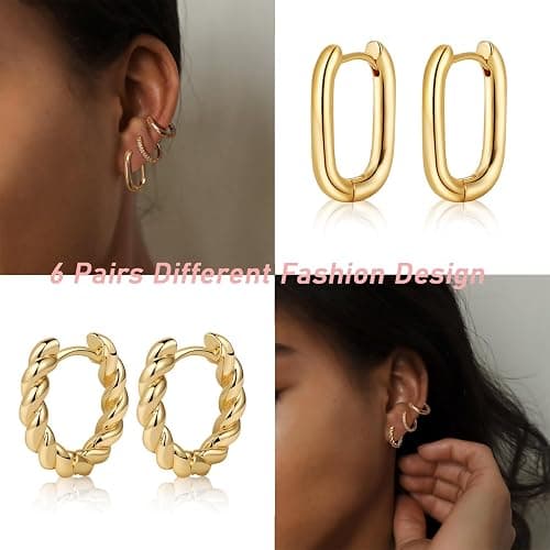 MIDEEO Gold/Sliver Chunky Hoop Earrings Set for Women, 14K Gold Plated Twisted Huggie Hoop Earring Hypoallergenic Thick Open Lightweight Chunky Hoop Earrings Jewelry for Gifts thumbnail 5