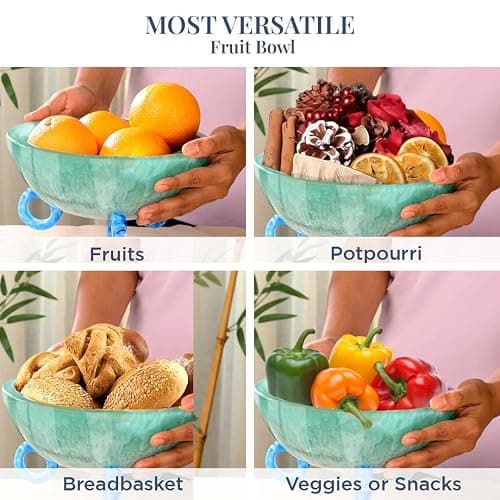 Folkulture Fruit Bowl for Kitchen Counter, 9" Resin Decorative Bowl, Centerpiece Table Decorations, Fruit Basket for Coffee Table Décor, Kitchen Counter Décor, Pedestal Bowl - 9" X 5" - Aqua Teal thumbnail 6