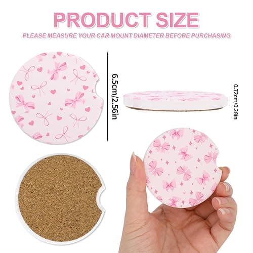4pcs Pink Bow Car Coasters, Coquette Bow Cup Holder Coasters with Finger Notch Absorbent Cork Ceramic Cupholder Coaster for Car Women thumbnail 3