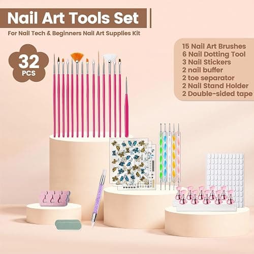 Nail Art Tools Set, 15 Nail Art Brushes 6 Nail Dotting Tool 3 Nail Stickers 2nail buffer 2 toe separator with Nail Stand Holder for Nail Tech & Beginners Nail Art Supplies Kit (Pink) thumbnail 2