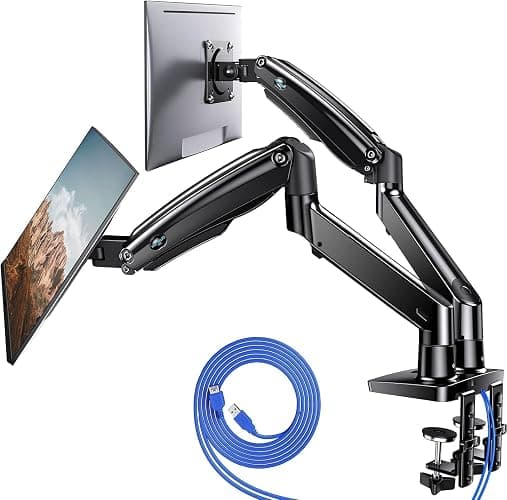 HUANUO Dual Monitor Stand for 13″–40″, Premium Dual Monitor Mount with USB, Height Adjustable Monitor Stand for 2 Monitors, VESA Mount with Clamp/Grommet Base, Holds 26.4lbs per Arm, HNDS7 - Image 1