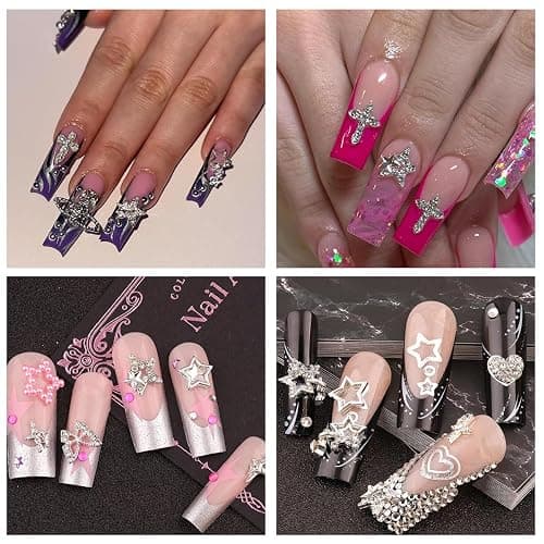 120+ Pcs Star Nail Charms Inlaid Rhinestones Gems, Silver Star Planet Cross Nail Art Decorations Shiny Jewelry for Acrylic Nail Accessories for Women Girl Manicure DlY Crafts Supplies thumbnail 5