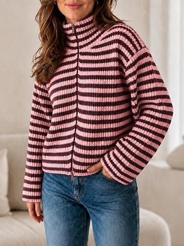 Saodimallsu Womens Striped Zip Up Sweaters Mock Neck 2026 Fall Trendy Casual Long Sleeve Loose Fit Knit Cardigan Tops thumbnail 4