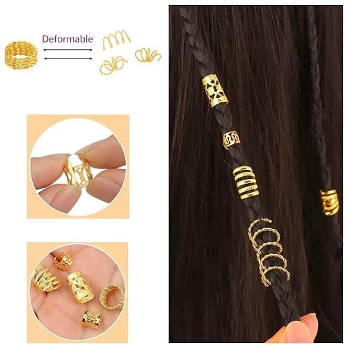 Tuefuzy 110 Pcs Gold Hair Jewelry for Braids and Dreadlocks - Metal Rings, Cuffs, Clips Accessory Decorations - Golden Yellow thumbnail 5