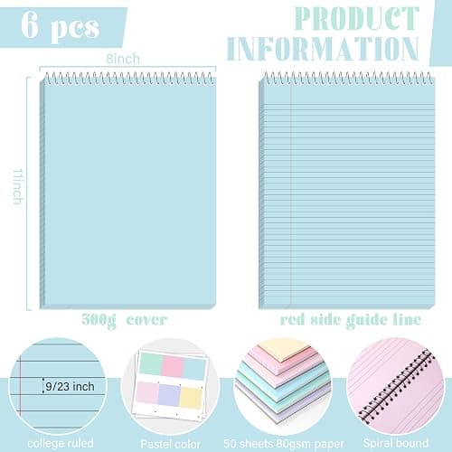 gisgfim 6 Pcs Pastel Top Bound Spiral Notebooks 8.5" x 11" College Ruled Aesthetic Legal Pad Top Spiral Steno Pads Colored Paper Assorted Covers Spiral Notebook for Writing School Office Supplies thumbnail 2