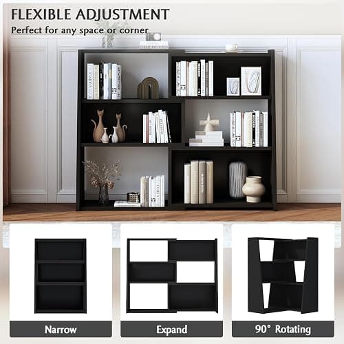 IOTXY Wooden Extendable Shelf Bookcase - 3-Tier Ladder Low Short Bookshelf for Small Space or Corner, Black, S thumbnail 3