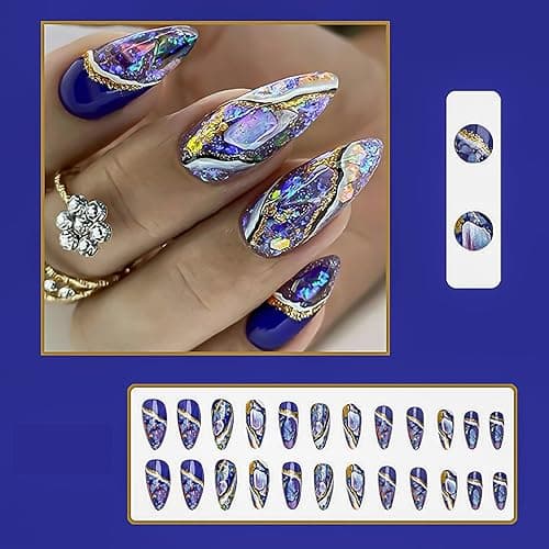 Rchosvam Marble Press on Nails Medium Almond Nails Press Ons Colorful Glaze Marble Design Fake Nails Full Cover Acrylic Flase Nails Gift for Womens 24pcs thumbnail 3