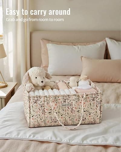 Blissful Diary Floral Diaper Caddy Organizer Storage Basket, Pastoral Daisy | Portable Storage Basket with Removable Dividers, Gift for Baby Shower, Newborn Boy & Girl Essentials, Baby Registry Must Have thumbnail 5